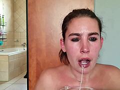 Double-ended dildo deepthroat and saliva fetish with amateur woman