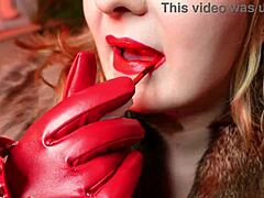 Arya Grander in red gloves and fur coat tease