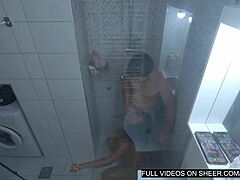 Stunning brunette milf enjoys a rough ride with a big black cock in the shower