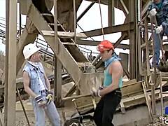 Blonde bombshells indulge in anal sex on construction sites