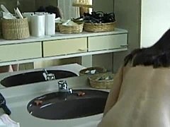 Hardcore pussy fucking in the bathroom with a hairless MILF
