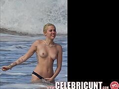 Voyeuristic view of Miley cyrus' nude and shaved pussy