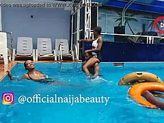 Beautiful naija beauty enjoys pool play with Oogaban