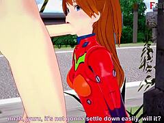 Asuka Langley Soryu's passionate encounter with a mysterious man in a vivid animated film