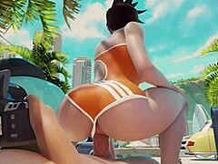 Tracer de Overwatch aproveita uma aventura na praia e cavalga um pau